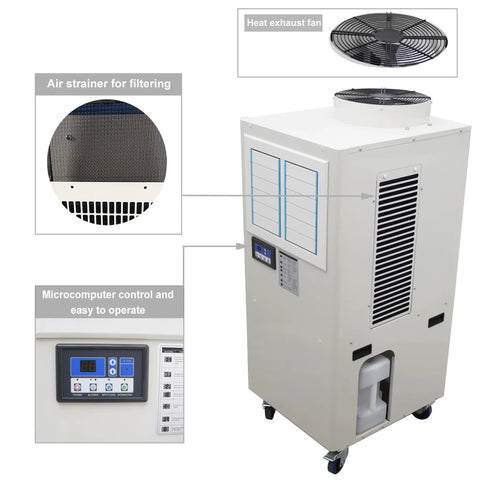 No Sweat 20400 Btu Industrial Spot Cooler, Portable Air Conditioner showing air strainer, microcomputer control, and exhaust fan.