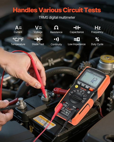 Digital Multimeter 6000 Count TRMS Auto Ranging For DC AC Voltage And Current Resistance Capacitance in automotive use.