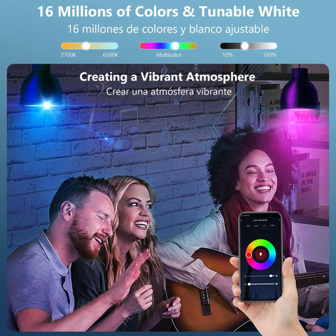 People enjoying music under Smart WiFi Color Changing LED Light Bulbs With Alexa Google Home Siri Control 900 Lumen 10W 80W.