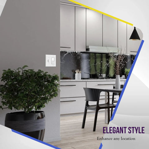 2 Gang White Decorator And Toggle Wall Plate Set in modern kitchen setting, unbreakable polycarbonate construction, standard size.