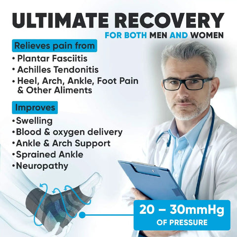 Doctor holding a clipboard with text about plantar fasciitis socks for neuropathy open toe compression foot sleeve benefits.