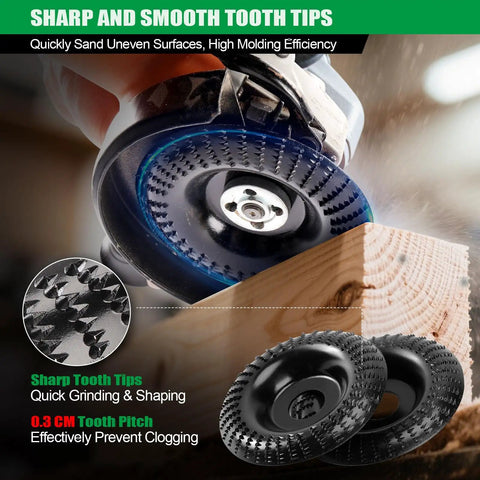 Wood Carving Disc Set For 4 Inch And 4.5 Inch Angle Grinders grinding a wooden block with sharp tooth tips