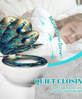 Round Resin Toilet Seat for Bathroom with peacock design, showing quiet closing feature and fit on standard toilet.