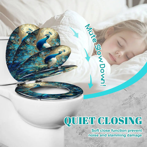 Round Resin Toilet Seat for Bathroom with peacock design, showing quiet closing feature and fit on standard toilet.