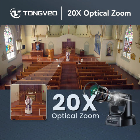 Smart PtZ Camera With 20x Optical Zoom And AI Auto Tracking offers crisp 1080p 60fps HDMI USB output in church setting.