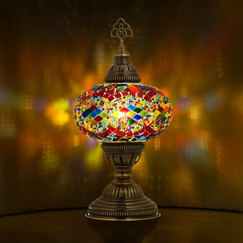Moroccan Turkish Mosaic Glass Lamp For Bedside And Desk, Vintage Style Light With Colorful Glass Beads, E12 Socket, Brass Base