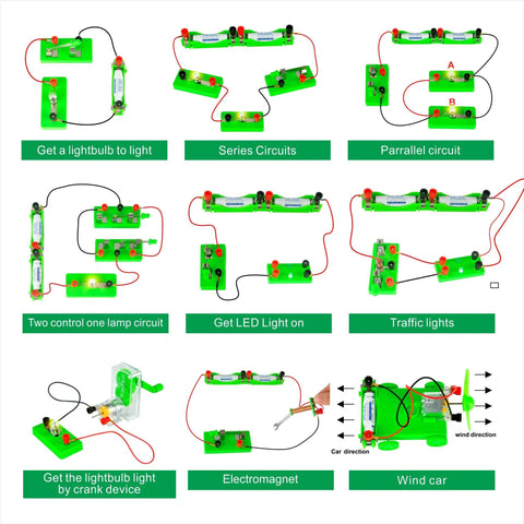 Hands On Electricity And Magnetism Science Kit For Middle School And High School Students With Nine Experiments To Explore Circuits Power And Magnetic Fields, showing various circuit setups and experiments.