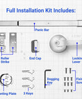 Exit Door Panic Bars For High Traffic Commercial Doors Push Bar Panic Exit Device With Crash Bar Emergency Opener Lock Keypad Compatible Heavy Duty Grade 1 UL Listed And ADA Compliant installation kit with components labeled, including locking lever and fixing screws.