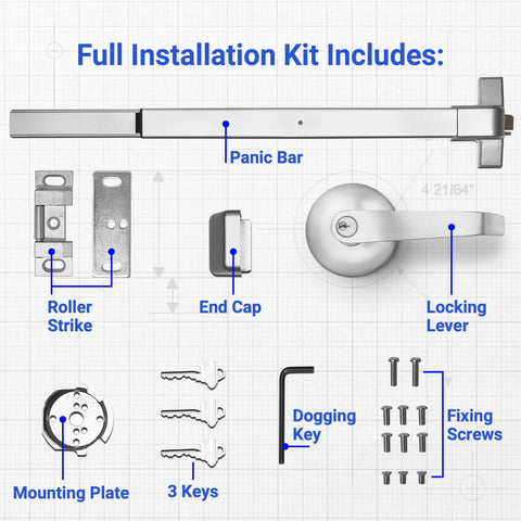 Exit Door Panic Bars For High Traffic Commercial Doors Push Bar Panic Exit Device With Crash Bar Emergency Opener Lock Keypad Compatible Heavy Duty Grade 1 UL Listed And ADA Compliant installation kit with components labeled, including locking lever and fixing screws.