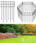No Dig Garden Border Fencing Kit With 6 Black Metal Panels 12 By 16 Inches Decorative Fence Barrier in garden setting with pet