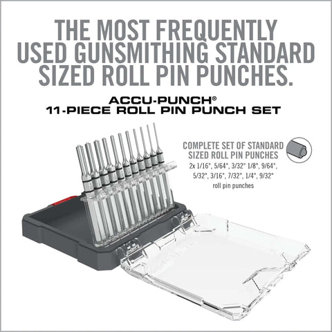 Image of Accu Punch 11 Piece Roll Pin Punch Set with Nickel Plated Steel Punches in 3-position storage case, front view.