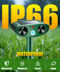 Solar Ultrasonic Outdoor Animal Repellent 4 Pack Upgraded Solar Powered Batteryless Deterrent For Gardens And Yards IP66 Waterproof Easy Install And Weatherproof Critter Defense For Pets And Wildlife, green stake-mounted unit in rain