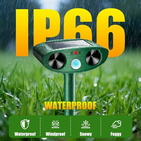 Solar Ultrasonic Outdoor Animal Repellent 4 Pack Upgraded Solar Powered Batteryless Deterrent For Gardens And Yards IP66 Waterproof Easy Install And Weatherproof Critter Defense For Pets And Wildlife, green stake-mounted unit in rain
