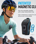 Cyclist wearing 39G Wearable Bluetooth Speaker With Magnetic Clip On Waterproof For All Weather Up To 15 Hours Of Playtime Clip On Microphone Speaker