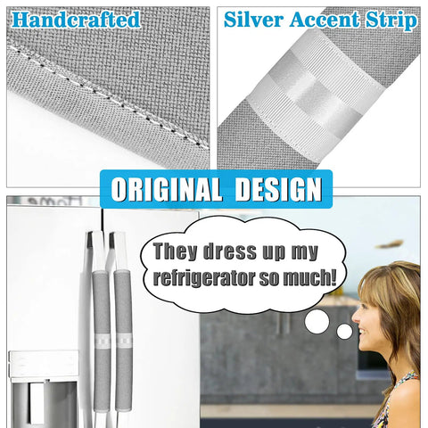 Refrigerator Door Handle Covers Set of 6 with gray fabric, silver stripe, handcrafted design, and woman admiring them.