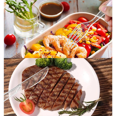 Using Heavy Duty Disposable Plastic Cutlery Set 100 Count Forks And Spoons Shatterproof BPA Free for salad and steak on plates.