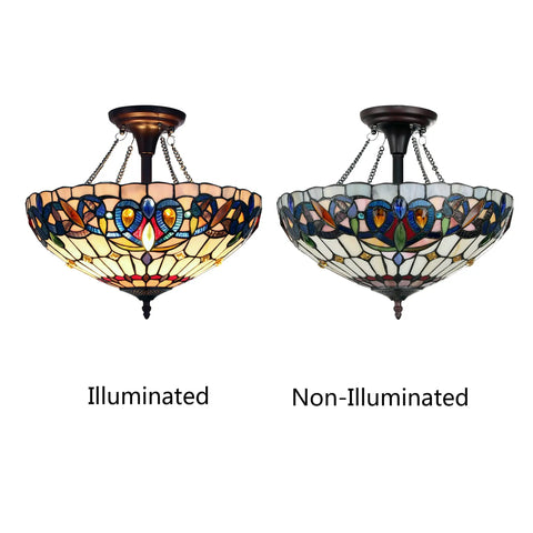 Serenity Tiffany-Style Dark Bronze 2 Light Semi-Flush Ceiling Fixture illuminated and non-illuminated views