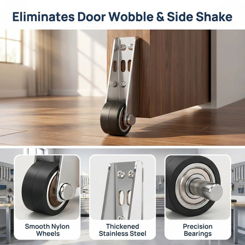 Built Tough Vertical Track Roller Wheels For Barn Doors And Cabinets Zero Wiggle Bottom Slide Guides With Rubber Treads close-up of smooth nylon wheel and bracket.
