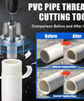 DIY PVC Pipe Threader Set One Half Three Quarter One Inch Internal External Threading Tool Dual Function Heavy Duty Carbon Steel Cutter With Drill Adapter For Plumbing And Home Repair showcasing threading results on PVC pipe before and after.