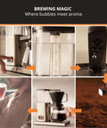 Collage of 8 Cup Drip Coffee Maker With SCA Certification And Blooming Technology showcasing brewing process and features