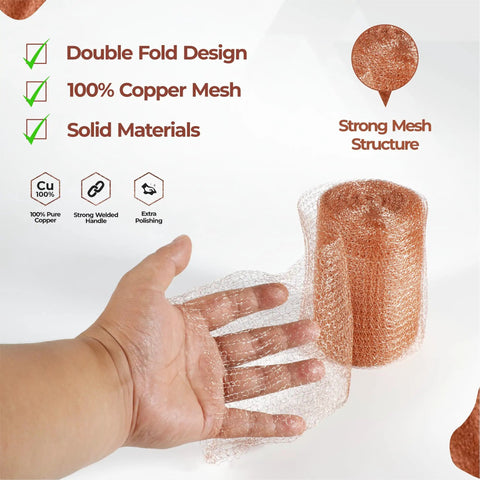 Copper Mesh Rodent Control Roll 5In By 36Ft Rustproof Copper For Blocking Holes In Garden with hand showing mesh flexibility.