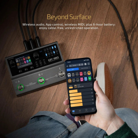 Close-up of GP-180 Multi-Effects Guitar Processor with HD modeling, over 200 effects, built-in battery, and app control on phone.