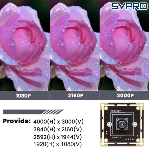 12MP Auto Focus USB Camera Module For PC And Laptop With 4K 30fps And 1080P 60fps UVC USB Two Point Zero Webcam Board Great For Streaming And Vid Calls Industrial Machine Vision IMX362 Sensor PDAF, showing rose image quality comparisons at different resolutions.