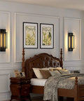 Industrial Black Wall Sconces Set of 2, Vintage Style Bar Lights with E26 E27 Base beside a bed in a bedroom setting.