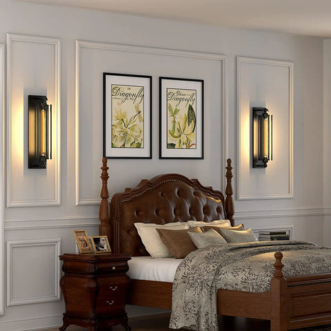Industrial Black Wall Sconces Set of 2, Vintage Style Bar Lights with E26 E27 Base beside a bed in a bedroom setting.