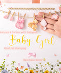 Roomy 13 Inch Baby Shower Gift Bag With Pink Tissue Paper Gift Card And Bow Featuring A Babysuit Banner and wildflower print