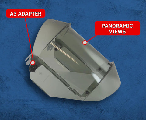 Arc Flash Face Shield 12 Cal With Hard Cap And A3 Adapter For Electricians And Utilities Pros displaying A3 adapter and panoramic view
