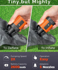 Tiny But Mighty Portable Air Pump For Inflatables With 2600mAh Battery And Camping Light inflating and deflating on grass.
