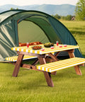 Stripe Picnic Table Cover Set With Bench Covers 72 X 30 Inch Fitted Waterproof Vinyl Tablecloth For 6 Ft Tables Elastic Edges 3 Piece Outdoor Dining Protector For Park School Camping Yellow And White installed on wooden picnic table with tent in background