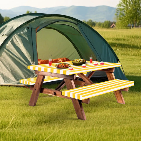 Stripe Picnic Table Cover Set With Bench Covers 72 X 30 Inch Fitted Waterproof Vinyl Tablecloth For 6 Ft Tables Elastic Edges 3 Piece Outdoor Dining Protector For Park School Camping Yellow And White installed on wooden picnic table with tent in background
