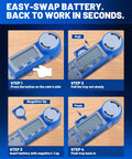 Slick 2 In 1 Digital Angle Finder Tool And Stainless Steel Ruler showing battery swap steps on LCD display and ruler.
