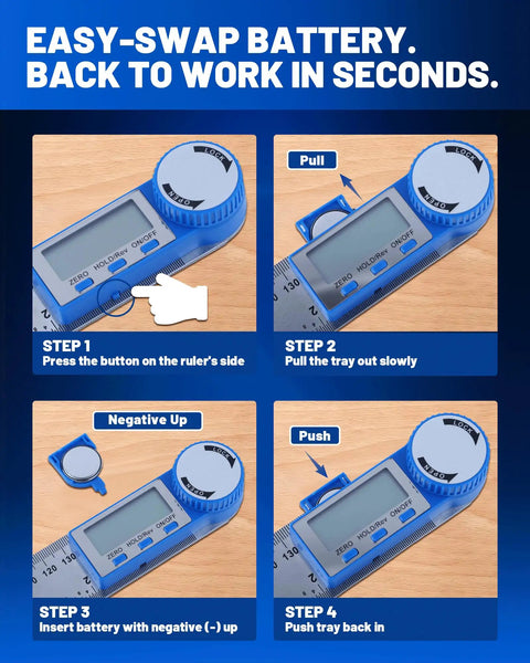 Slick 2 In 1 Digital Angle Finder Tool And Stainless Steel Ruler showing battery swap steps on LCD display and ruler.
