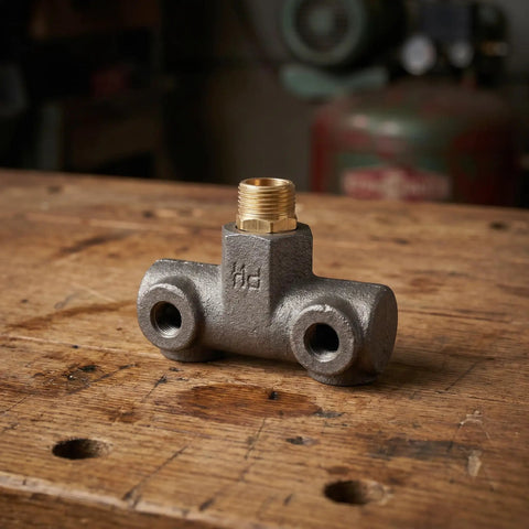 Pneumatic Cross Fitting And Inlet Mount For Air Compressors Cast Iron Four Way Manifold With One Half Inch And One Quarter Inch Male Threads Precision Machined Inner Threads All In One Air Line Junction on wooden surface