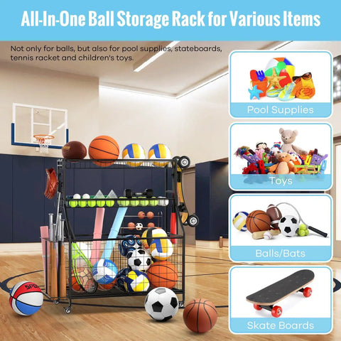 Heavy Duty Sports Equipment Garage Organizer With Ball Storage Rack Basket Hooks And Rolling Cart For Sports Gear And Toy Storage Indoor Outdoor Use Black in a gym with balls and bats.