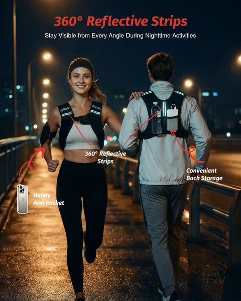 Hardcore Weighted Vest Packed With Fine Iron Sand Featuring Bright Reflective Stripes Built Tough For The Daily Workout Grind Strength Lifting Cardio Pounding And Muscle Gain Versatile Fitness Kit Black One Size on two joggers at night with reflective details.
