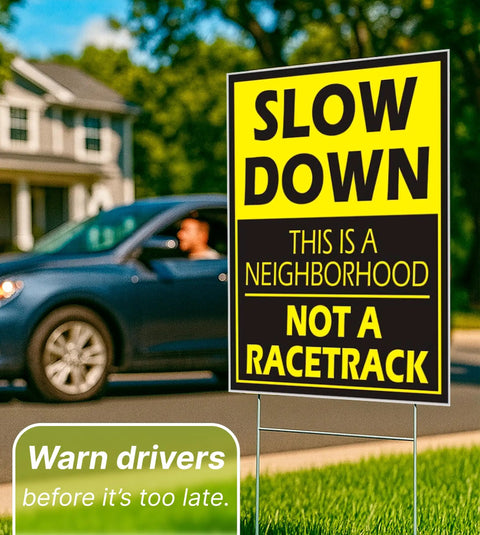 Set Of 3 Please Slow Down Signs For Neighborhoods With Metal H Stakes 12x8 Inch Plastic Double Sided Street Slow Signs Drive Like Your Kids Live Here Yard Sign Children At Play Safety Signs For Street displayed outdoors near a driveway.