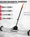 Image showing a 36 Inch Rolling Magnetic Sweeper With 40 Inch Telescoping Magnetic Pickup Tool, highlighting features like adjustable height and 55 pound capacity.