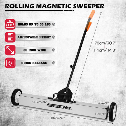 Image showing a 36 Inch Rolling Magnetic Sweeper With 40 Inch Telescoping Magnetic Pickup Tool, highlighting features like adjustable height and 55 pound capacity.