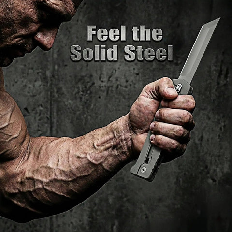 Tactical Folding Knife With Belt Clip in strong hand, showcasing the all-steel sharp blade for outdoor, EDC, camping, and hiking use