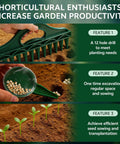 Seven Piece Seed Dispenser Set With 12 Hole Seeder Upgraded Mini Seed Spreader depicting features for precise garden planting