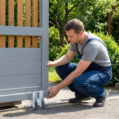 Man installing Heavy Duty 4 Pack Vertical Track Roller Wheels For Garden Gate Replacement With Non Slip Rubber Tires.