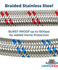 Close-up of 1Ft braided stainless steel washing machine hoses 2 pack set, color coded hot and cold, burst-proof water supply line.