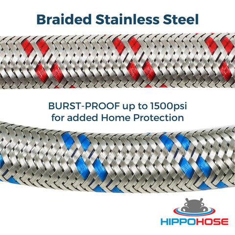 Close-up of 1Ft braided stainless steel washing machine hoses 2 pack set, color coded hot and cold, burst-proof water supply line.