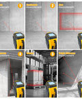 No Fuss 4 In 1 Laser Tape Measure With Slick 328ft Digital Distance Meter demonstrating various measurement modes on concrete.