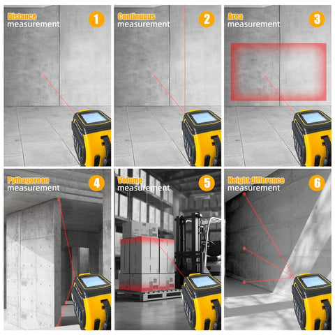 No Fuss 4 In 1 Laser Tape Measure With Slick 328ft Digital Distance Meter demonstrating various measurement modes on concrete.
