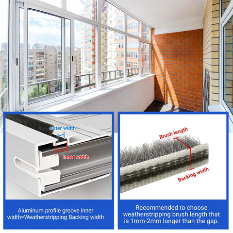 Hella Tough Weather Stripping Brush Door Seal Strip For Sliding Windows And Doors Cut To Fit, showing installation details and measurements.